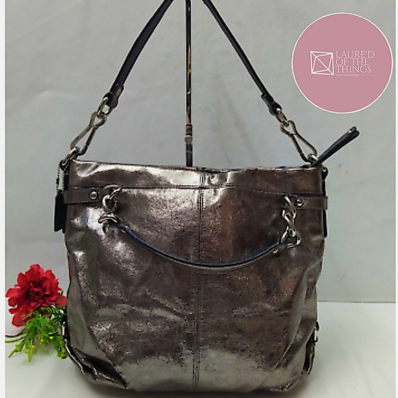 LIKE NEW COACH Brooke Handbag Leather Pewter Silver Metallic Hobo Bag Purse - Picture 1 of 9